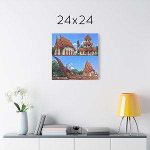 This Buddhist wall art canvas features 3 photos of Wat Sa Prasan Suk (also known locally as Wat Ban Na Muang) in the city of Ubon Ratchathani, Thailand. I visited this temple while I was on a 2 month long motorcycle trip back in the fall of 2019.
