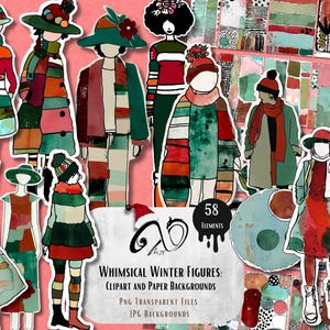 Figure invernali stravaganti, arte multimediale effimera, materiale per scrapbooking stampabile, ragazze stravaganti, bambola di carta con sfondo stravagante PNG, inverno