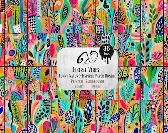 May include: A set of 36 digital paper backgrounds featuring colorful abstract floral patterns. The papers are 8.5 inches by 11 inches and are perfect for scrapbooking, card making, and other craft projects.