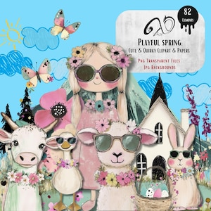 Printemps espiègle : cliparts et papiers originaux mignons, téléchargement numérique, journal indésirable, clipart de Pâques, journaux indésirables techniques mixtes collage plaisir de Pâques