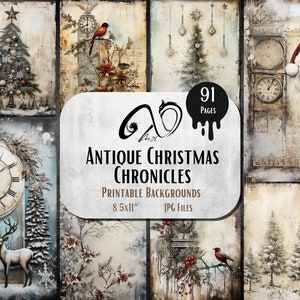 Puede incluir: Un collage digital de 91 fondos de Navidad antiguos imprimibles. Las imágenes presentan ilustraciones de estilo vintage de árboles de Navidad, relojes, Papá Noel y escenas de invierno. Las imágenes miden 8,5 x 11 pulgadas y están en formato JPG.