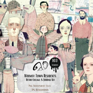 Whimsy Town Residents: Retro Clipart & Digital Paper Kit of Eccentric Characters, aged vintage papers, junk journals mixed media, paper doll