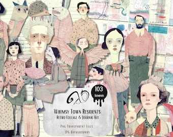 Retro Whimsy Town Clipart Kit: PNG Characters & Digital Papers (PDF)