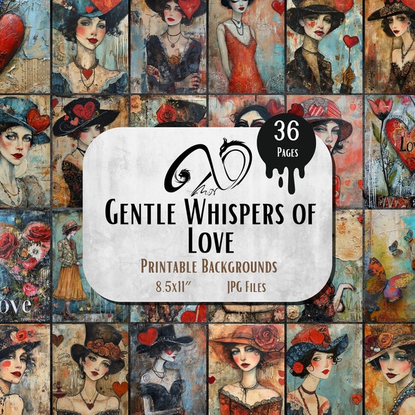 Gentle Whispers of Love, Digital Download, Junk Journal, Printable Collection, Whimsical, Girl, Whimsical Paper, Mixed media, Valentin's day