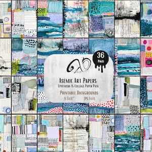 Puede incluir: Una colección de 36 papeles artísticos imprimibles con diseños de collage abstractos y elementos de técnica mixta, incluyendo garabatos de tinta, patrones geométricos y acentos en azul, rosa y negro. El texto dice: Asemic Art Papers, Ephemera & Collage Paper Pack, Printable Backgrounds, 8.5x11, JPG Files.