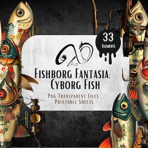 Fishborg: Cyborg Fish, Printable Surreal Backgrounds, Commercial Use, Collage, Whimsical, JPG, PNG, Junk Journal, Digital Download, Surreal