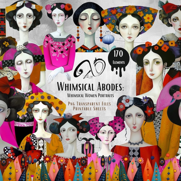 Whimsical Abodes: Whimsical Women Portraits, ephemera, mixed media art, printable scrapbooking supplies, Paper doll PNG, Folk Art, Abstract