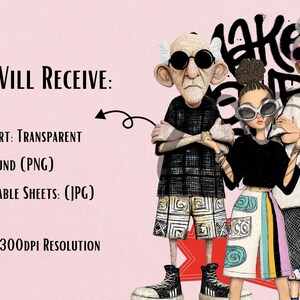 May include: Digital art featuring three stylized figures wearing sunglasses and fashionable clothing. The image includes the text "MAKE UP" in graffiti style and the text "YOU WILL RECEIVE:" followed by details about the digital files.