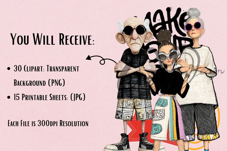 May include: Digital art featuring three stylized figures wearing sunglasses and fashionable clothing. The image includes the text "MAKE UP" in graffiti style and the text "YOU WILL RECEIVE:" followed by details about the digital files.