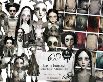 May include: A digital art set featuring a collection of gothic-style dolls with pale skin and large eyes, along with various dark backgrounds. The image includes the text "HAUNTED DOLLHOUSE: GOTHIC CLIPART & EPHEMERA SET" and "145 ELEMENTS".