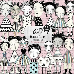 Quirky Cuties: Kit bambola di carta, effimeri, forniture per scrapbooking stampabili con tecniche miste, stravaganti, sfondo stravagante, bambola di carta artistica png