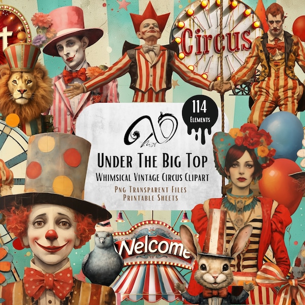 Onder de Big Top grillige Vintage Circus Clipart, ephemera mixed mediakunst, afdrukbare Fussy Cut Circus Ephemera, grillige achtergrond, PNG