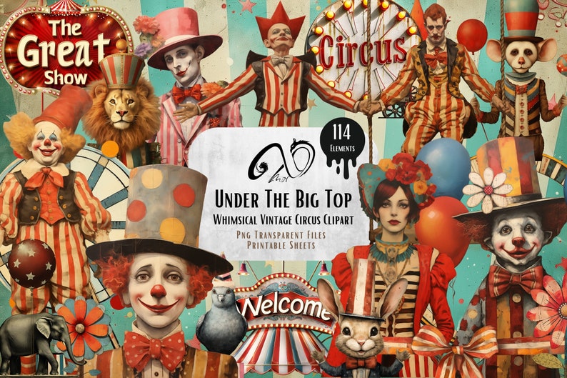 Sotto The Big Top Whimsical Vintage Circus Clipart, arte tecnica mista effimera, stampabile Fussy Cut Circus Ephemera, sfondo stravagante, PNG immagine 1