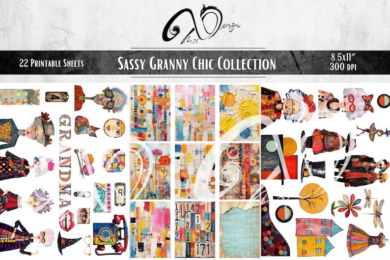 Collezione Sassy Grandma Chic, forniture per scrapbooking stampabili di arte multimediale mista effimera, Nonna stravagante, Sfondo stravagante, Bambola di carta PNG immagine 10