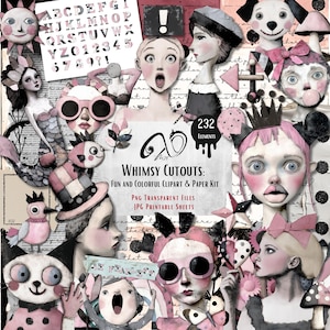 Découpes fantaisistes : Clipart amusants et colorés, éphémères, art technique mixte, fournitures de scrapbooking imprimables fantaisiste, arrière-plan fantaisiste, poupée en papier