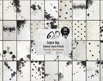 May include: 36 printable digital paper backgrounds featuring faded black ink splatters and dots on a white background.  The papers are 8.5 x 11 inches and are JPG files.  Faded Ink: Grunge Inked Papers Printable Backgrounds.