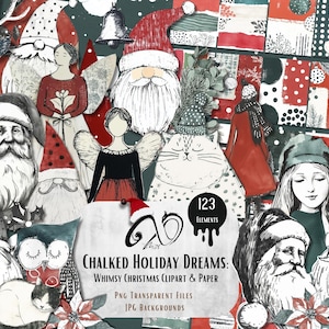 Sogni di festa disegnati a gesso: Clipart e carte di Natale, scrapbooking di arte multimediale effimera, bambole di carta artistiche stampabili, Natale stravagante