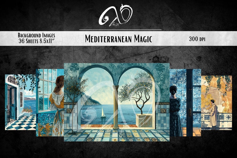 Magie méditerranéenne : collection d'arrière-plans lunatiques techniques mixtes imprimables, papier d'arrière-plan numérique Sea Beach toile de fond numérique océan filles image 7