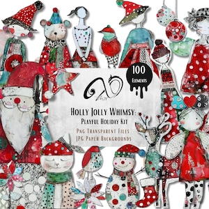 Holly Jolly Whimsy: Kit per le feste giocose, scrapbooking di arte multimediale effimera, bambole di carta artistiche stampabili, diario di Natale stravagante PNG