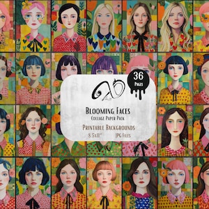 Op de afbeelding: Een collage van 36 portretten van vrouwen met bloemen- en patroonachtergronden. De vrouwen hebben verschillende kapsels en dragen kleurrijke tops. De afbeelding bevat de tekst "Blooming Faces Collage Paper Pack, Printable Backgrounds, 8.5x11, JPG Files."