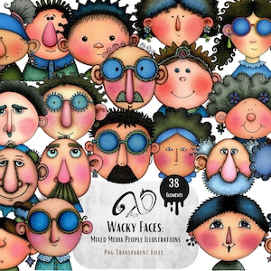 Wacky Faces: Mixed Media People Illustrations, Fussy cut, Quirky Faces, Junk Journals, Mixed Media, Whimsical Art, quirky collection playful
