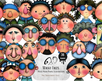 Wacky Faces Clipart: Mixed Media People Illustrations (Digital Download)