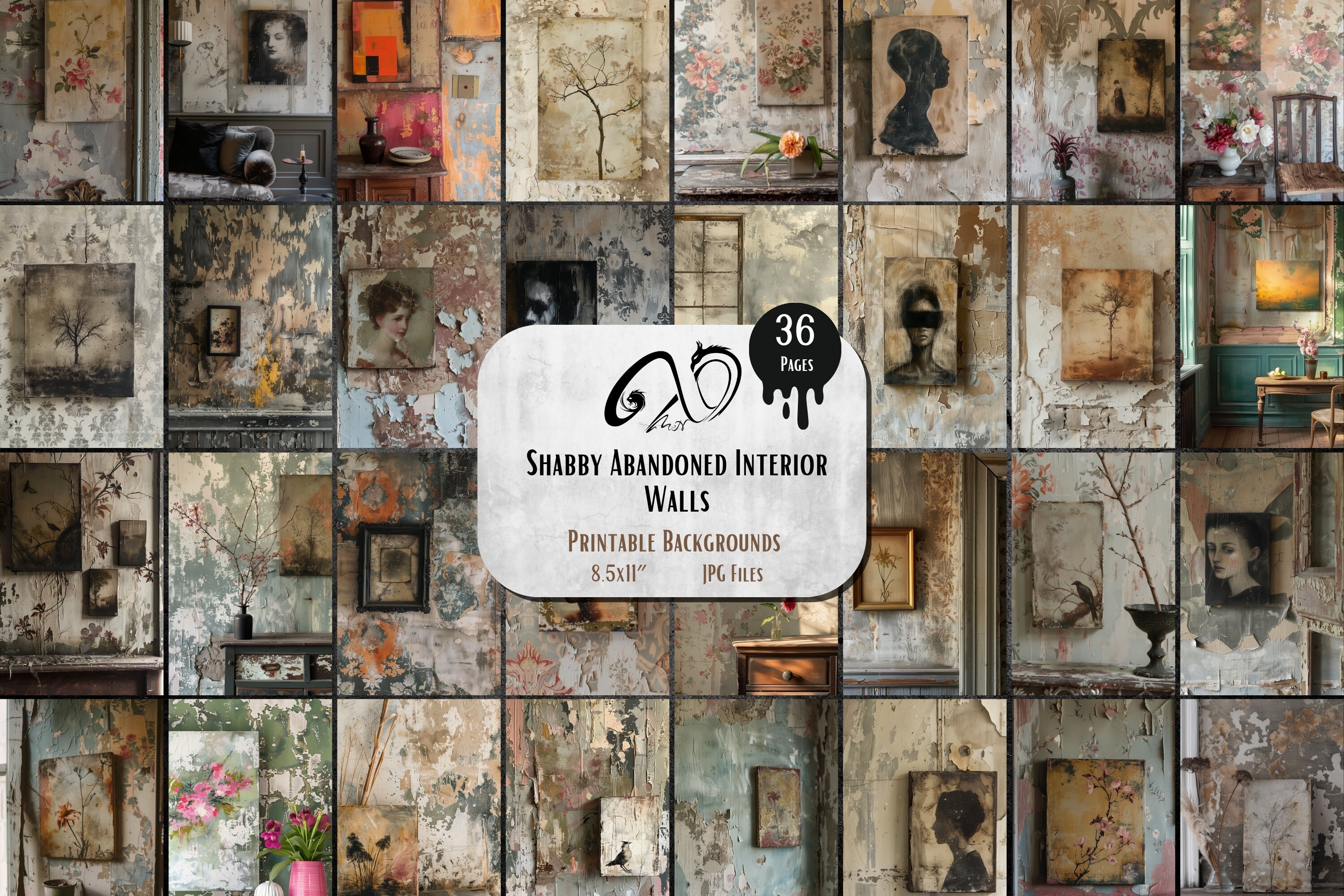 Shabby Abandoned Interior walls, Vintage Distressed Rooms backgrounds Printable Journaling, Scrapbooking Rustic Digital Backdrops, whimsical