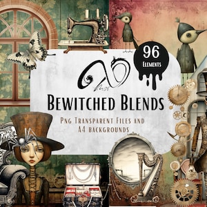 Bewitched Blends Steampunk, Gothic, Steampunk Junk Journal Bundle, 96 illustrazioni Vintage Journal Paper, kit per collage di ritagli, creazione di biglietti