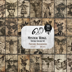 Mystieke vleugels: vintage collagekit, afdrukbaar oud papier collageblad rustiek digitaal antiek texturen pagina's grunge surrealistisch, jpg