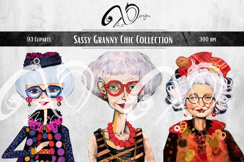 Collezione Sassy Grandma Chic, forniture per scrapbooking stampabili di arte multimediale mista effimera, Nonna stravagante, Sfondo stravagante, Bambola di carta PNG immagine 8