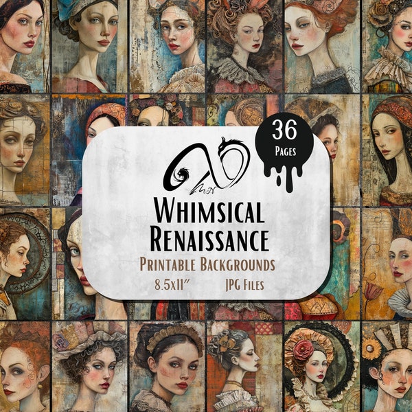 Whimsical Renaissance Portrait, digital junk journal ephemera, printable antique photos, scrapbook kit, collage sheet, Renaissance portrait