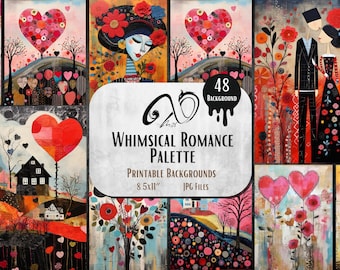 Whimsical Romance Palette, Digital Download, Junk Journal, Printable Sheets, Whimsical, Love, romantic Papers, Valentin Day, Couple, Heart