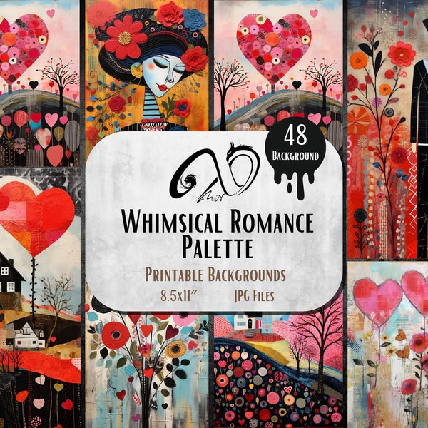 Whimsical Romance Palette, Digital Download, Junk Journal, Printable Sheets, Whimsical, Love, romantic Papers, Valentin Day, Couple, Heart