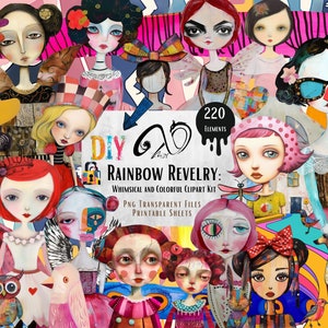 Rainbow Revelry, oggetti effimeri, arte multimediale mista, forniture per scrapbooking stampabili Whimsical Girls Whimsy Background Paper bambola PNG, Whimsy Clipart immagine 1