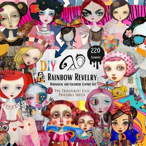 Rainbow Revelry, effimere, arte multimediale, materiali per scrapbooking stampabili Whimsical Girls Whimsy Background Bambola di carta PNG, Whimsy Clipart