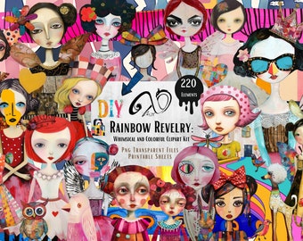 Rainbow Revelry, ephemera, mixed media kunst, afdrukbare scrapbooking benodigdheden grillige meisjes eigenzinnigheid achtergrond papieren pop PNG, eigenzinnigheid clipart