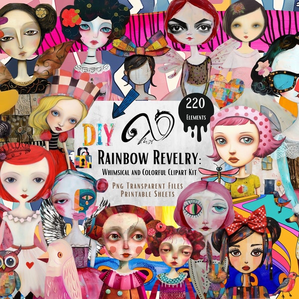 Rainbow Revelry, Ephemera, Mixed-Media-Kunst, druckbares Scrapbooking-Zubehör, Whimsical Girls Whimsy Hintergrund, Papierpuppe PNG, Whimsy Clipart