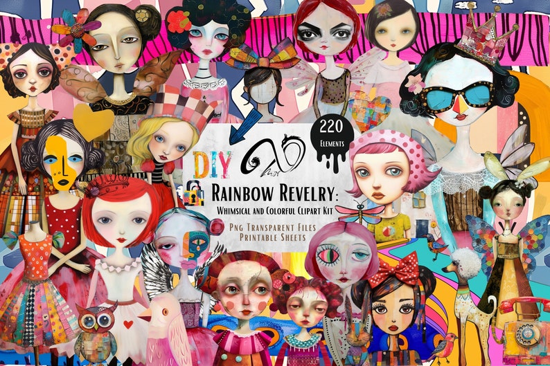 Rainbow Revelry, oggetti effimeri, arte multimediale mista, forniture per scrapbooking stampabili Whimsical Girls Whimsy Background Paper bambola PNG, Whimsy Clipart immagine 1