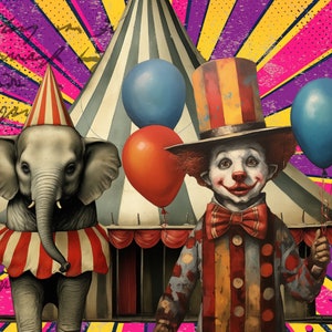 Sotto The Big Top Whimsical Vintage Circus Clipart, arte tecnica mista effimera, stampabile Fussy Cut Circus Ephemera, sfondo stravagante, PNG immagine 7