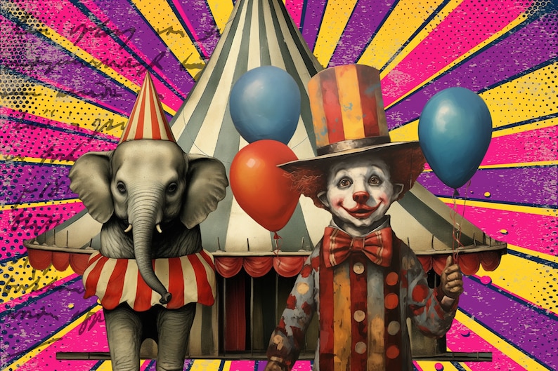 Sotto The Big Top Whimsical Vintage Circus Clipart, arte tecnica mista effimera, stampabile Fussy Cut Circus Ephemera, sfondo stravagante, PNG immagine 7
