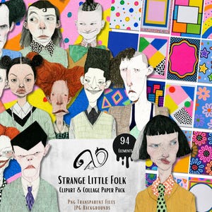 May include: A digital collection of 94 graphic elements titled Strange Little Folk, featuring illustrated portraits of diverse characters with distinct facial features and a variety of colorful, patterned collage paper backgrounds.