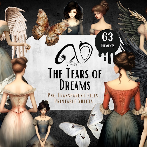 The Tears of Dreams, unieke surrealistische ephemera, mixed mediakunst, afdrukbare scrapbookingbenodigdheden, surrealistisch decoratief papier, engel kwade vleugels