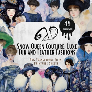 Snow Queen Couture, Whimsical Winter Clipart- Surreal Winter Clipart, Winter post card, Digital Download, Printable, Frozen Empress Ephemera
