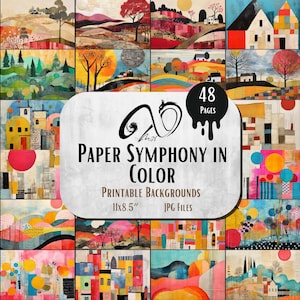 May include: A set of 48 printable digital paper backgrounds featuring colourful abstract landscapes and cityscapes. The papers are 11x8.5 inches and are in JPG format. The title "Paper Symphony in Color" is displayed on the image.