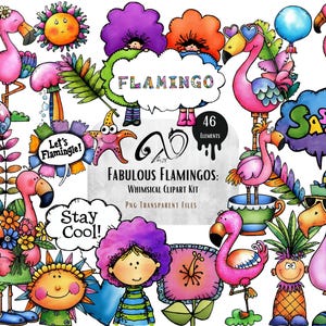 Zestaw fantazyjnych clipartów z odjechanymi flamingami, kwiatami i zabawnymi wibracjami, dzienniki śmieci, dziwaczne PNG, mieszane media, do druku scrapbooking, papierowa lalka