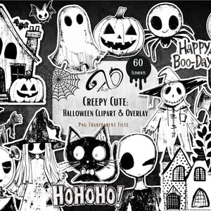 May include: A set of 60 black and white Halloween clipart and overlay images. The images include ghosts, pumpkins, bats, spiders, houses, and other spooky characters. The text "Creepy Cute: Halloween Clipart & Overlay" and "PNG Transparent Files" is included in the image.