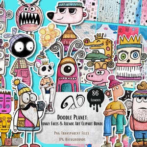 Doodle Planet: volti di creature bizzarre, clipart di arte asemica, personaggi stravaganti, carte vivaci, effimeri supporti misti, bambole di carta mostruose