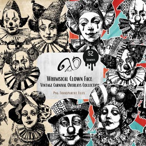 Cara de payaso caprichosa: colección de superposiciones de carnaval vintage, arte de técnica mixta efímera, álbum de recortes de efímeras de circo con cortes precisos imprimibles, collage