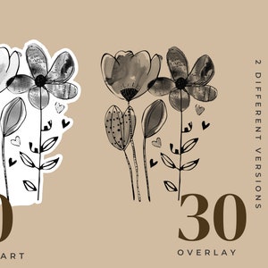 Może przedstawiać: Zestaw 30 czarno-białych ilustracji clipart&oacute;w kwiatowych. Kwiaty są stylizowane i mają efekt akwarelowy. W obrazie widoczny jest tekst "Charming Botanical Doodles" i "2 DIFFERENT VERSIONS". W obrazie widoczny jest r&oacute;wnież tekst "30 CLIPART" i "30 OVERLAY".