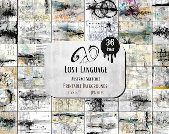 Lost Language Abstract Sketches, Papers background Printable Asemic Writing Art Collage sheet paper for junk journals scrapbooks Acrylic Ink